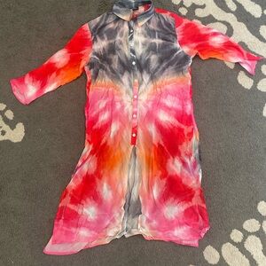NWOT Vibrant Tie-Dye Button-Front Sheer Beach Cover up - Pink, Red & Orange